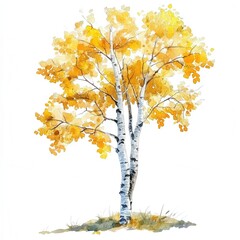 Obraz premium Watercolor birch tree with golden leaves in autumn scenery.