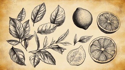 Vintage Illustration of Lemons and Leaves