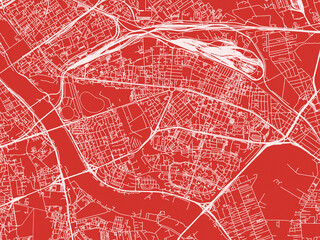 Christmas Map of Praga Poludnie, Poland in Snowy White on Festive Red Background.