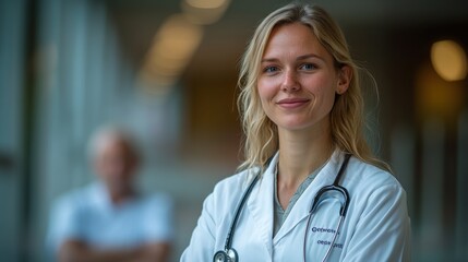 A confident female doctor in a medical setting, smiling with a stethoscope around her neck.