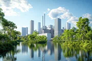 A view of a city skyline from the opposite side of a river, with water and sky meeting at the horizon