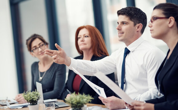 Presentation, hiring and panel of business people in office listening to pitch, proposal and meeting. Corporate, company and men and women with questions for review, interview process and discussion