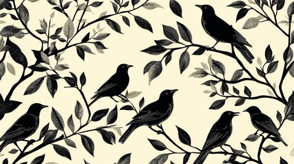 Fototapeta premium Black Birds on Branches: A Vintage Nature Pattern