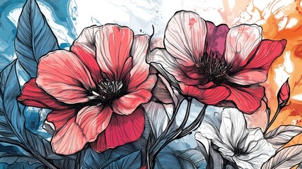 Watercolor Floral Art: Pink, Red, and White Flowers