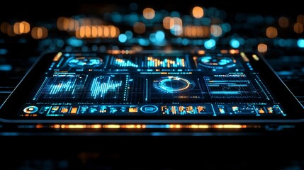 Futuristic Digital Tablet Showcasing Real Time Profit Gains with Glowing Charts and Graphs
