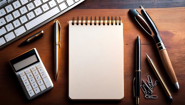  A photograph of a notepad with various office items such as pens and a computer keyboar_1(447)