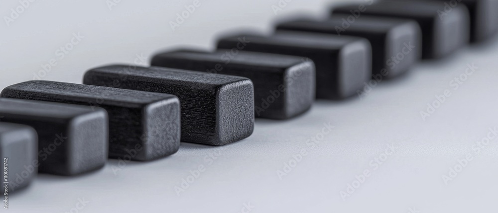 Poster a close-up of a row of black rectangular objects on a light background, emphasizing their arrangemen