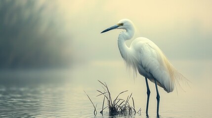 Naklejka premium Elegant Wading Bird Stands in Misty Pond Surrounded by Tranquil Nature Scenery