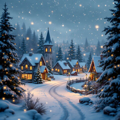 Fototapeta premium A cozy winter village with snow-covered houses and Christmas lights