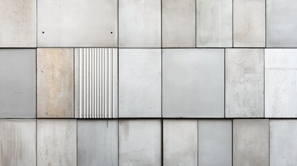 Modern architectural wall design featuring a geometric pattern of rectangular concrete panels with varied textures and shades of gray and beige.