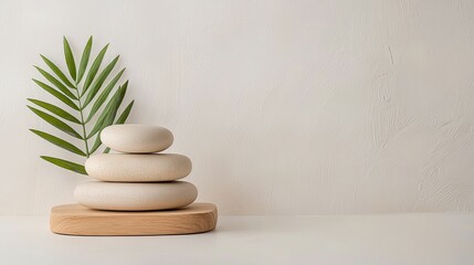 interior design zen accents concept, A serene arrangement of three smooth stones stacked on a wooden base, accompanied by a green leaf, creating a minimalistic and calming aesthetic.