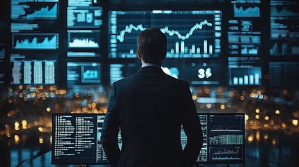 Fototapeta premium Businessman Navigating Futuristic Financial Portfolio in Digital Office Environment