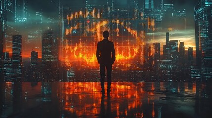 Businessman in Futuristic Office Managing Digital Financial Portfolio