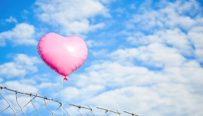 Pink Heart Balloon Soaring Above a Chain Link Fence Against a Bright Blue Sky