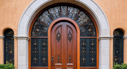 Arched windows and doors with intricate wrought iron and wood details