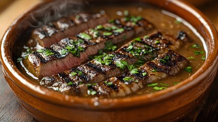 Grilled steak served in rustic clay pot with brown gravy and fresh herbs, photographed with warm lighting on wooden table setting in professional culinary presentation style.
