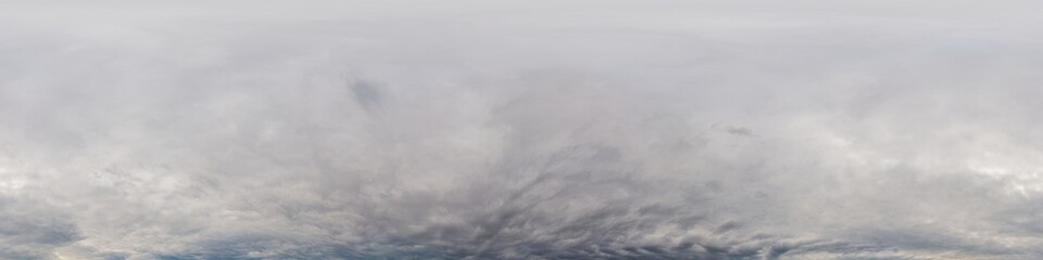 Dark moody rain clouds in dramatic overcast sky. Seamless 360 HDR spherical panorama. Full zenith or sky dome in 3D environment, sky replacement for aerial drone panoramas. Climate and weather change.