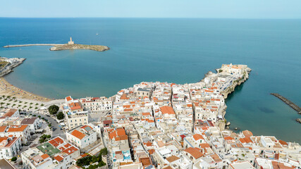 Aerial view of the historic center of the town of Vieste, in Puglia, Italy. It is a tourist...
