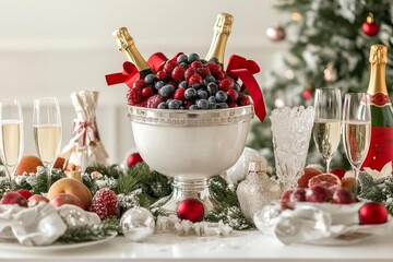 Festive table with white decorations, red and silver ribbons, champagne glasses, ice bucket with fruit, and greenery for a holiday celebration. Elegant, cheerful atmosphere.