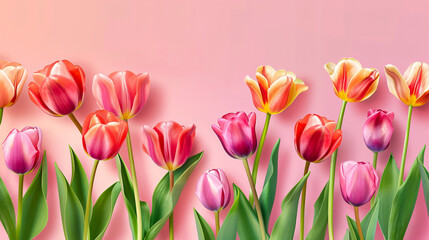 Fototapeta premium Banner for International Women�s Day featuring beautiful tulips on a pink background.
