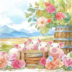 A set of pigs gathered around a wooden trough filled with water or feed, framed by rustic farm details