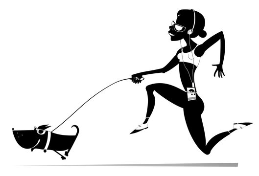 recommend clip art: Running young woman with a dog. 
                    Running girl with a dog listening music on player using headphones. Black and white illustration
                    