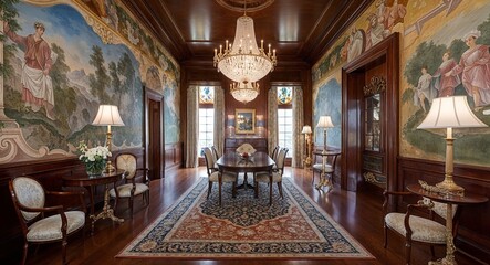 Fototapeta premium Hand painted murals rich wood finishes and elegant chandeliers