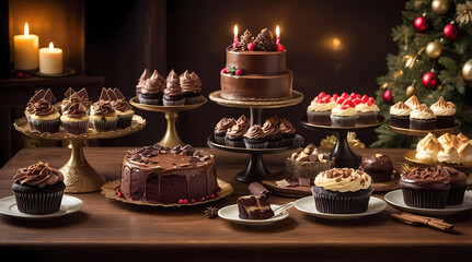 Naklejka premium Elegant dessert table with various chocolate cakes and cupcakes decorated for a festive celebration