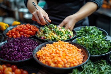 Obraz premium A chef is preparing a salad with fresh vegetables.