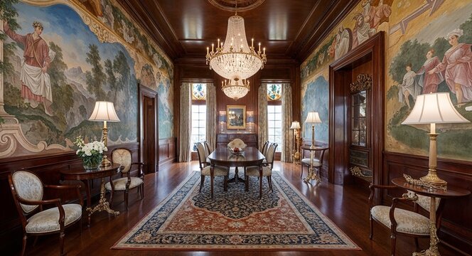Hand painted murals rich wood finishes and elegant chandeliers