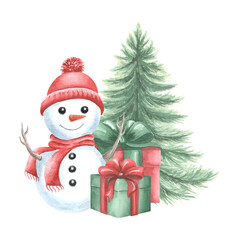 Snowman with gift boxes and Christmas tree. Cute kids cheerful character for winter holiday design. Hand drawn watercolor illustration isolated. Clipart for New Year children print, wrapping, postcard