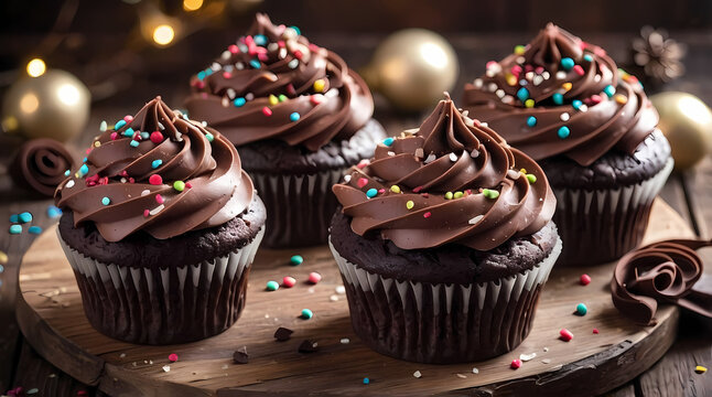 Delicious chocolate cupcakes topped with creamy frosting and colorful sprinkles on a wooden platter - Powered by Adobe