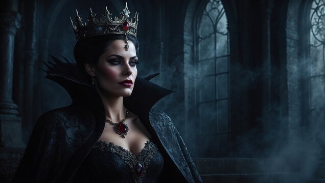 Portrait of a powerful evil queen in a dark fairy tale setting