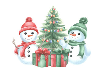 Snowmans with gift boxes and Christmas tree. Cute kids cheerful characters for winter holiday design. Hand drawn watercolor illustration isolated. Clipart for New Year childrens print, wrapping, card.
