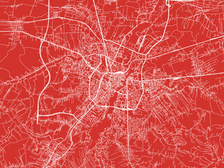 Christmas Map of Rzeszow, Poland in Snowy White on Festive Red Background.