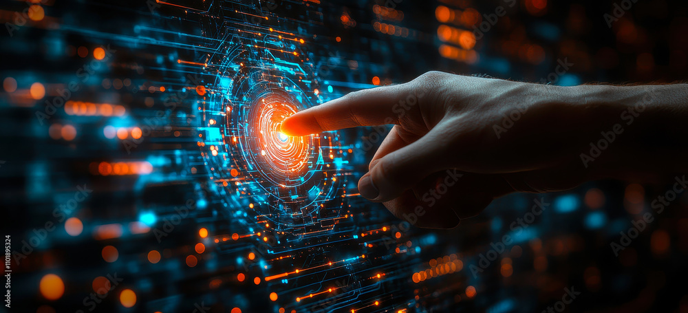Poster futuristic touchscreen interface with ai digital network and global connectivity for data management