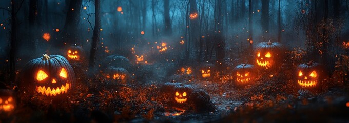 Fototapeta premium Halloween pumpkins with glowing faces in dark forest, spooky autumn scene. Haunted, eerie, festive Halloween atmosphere.