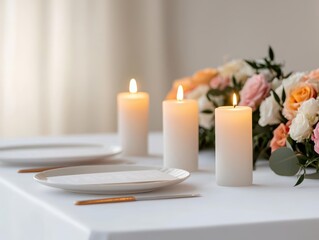 Elegant table setting with candles and fresh flowers.