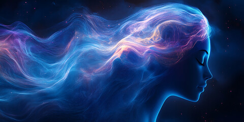 Fading human silhouette dissolves into swirling blue and purple gradients, with neon consciousness flowing through abstract curves and orbs, representing meditative calm and universal hope.