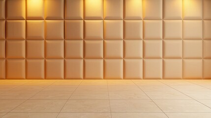 Acoustic tile soundproof. A modern interior featuring a textured, padded wall illuminated by warm lights, creating a cozy and inviting atmosphere.