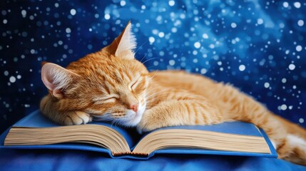 Ginger Cat Napping on Open Book with Snowy Bokeh Background