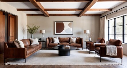Neutral tones and leather furniture with wooden ceiling beams