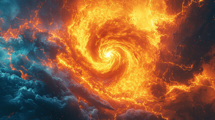 vibrant swirl of fiery orange and electric blue forms mesmerizing cosmic vortex, evoking sense of awe and wonder in vastness of space