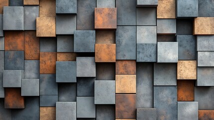 Abstract 3D rendering of a wall of textured cubes in gray, brown and orange tones.