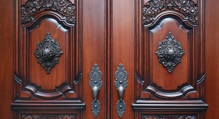 Ornate wooden doors with intricate carvings and detailed metal handles