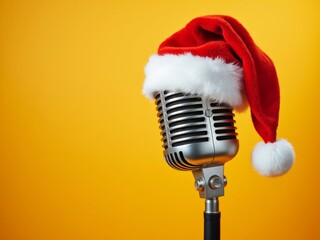 Vintage silver microphone with a Santa hat placed on top, set against a bright yellow background, combining holiday cheer with musical nostalgia