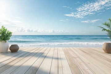 Fototapeta premium Waterfront Sea Shoreline with Wooden Deck Texture and Calm Water Waves