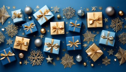  A lavish spread of glistening blue and gold presents, ornaments, and snowflakes adorn an op_1(381)