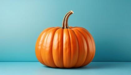  A large orange pumpkin sits alone on a soft pastel blue surface with plenty of empty space _1(378)