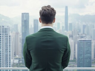Businessman investment opportunities webinar showcase, sophisticated corporate style, green and white materials, top view focus, with high-rise cityscape background.